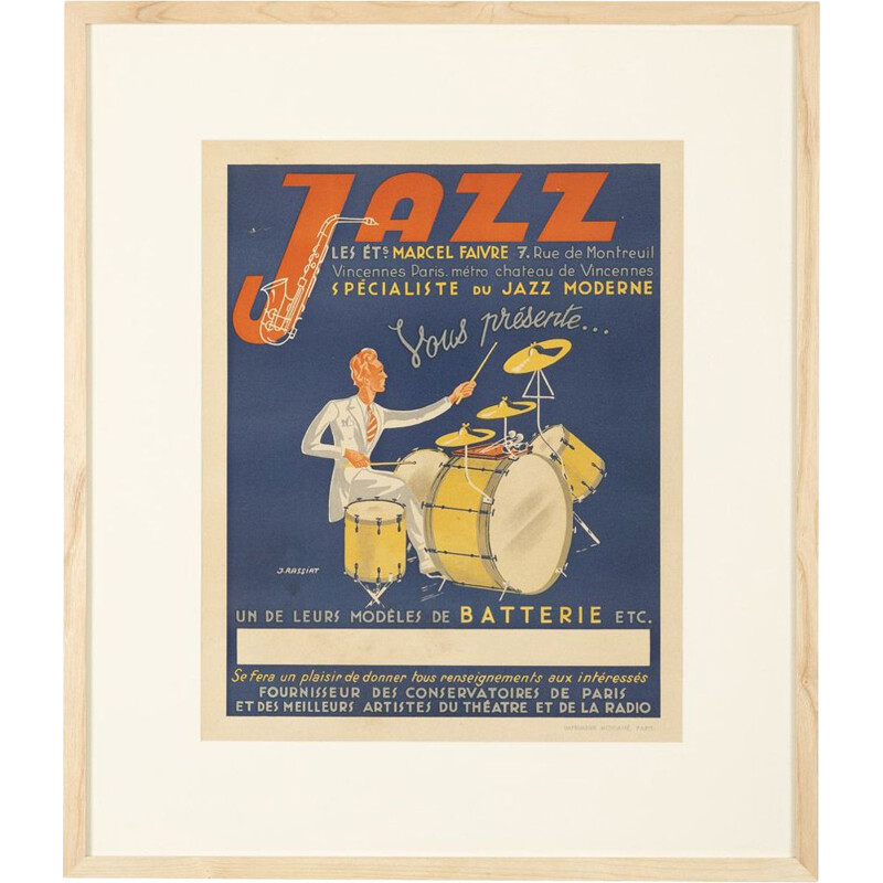 Affiche publicitaire vintage un cadre en bois de frêne, de jazz, 1940