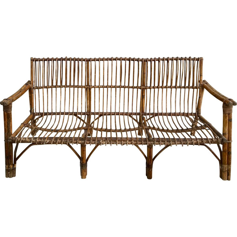 Vintage 3 seater bench in rattan 1950s