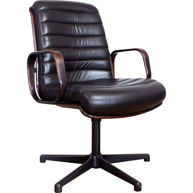 Vintage Stoll Giroflex conference chair in leather and wood, Swiss 1960s