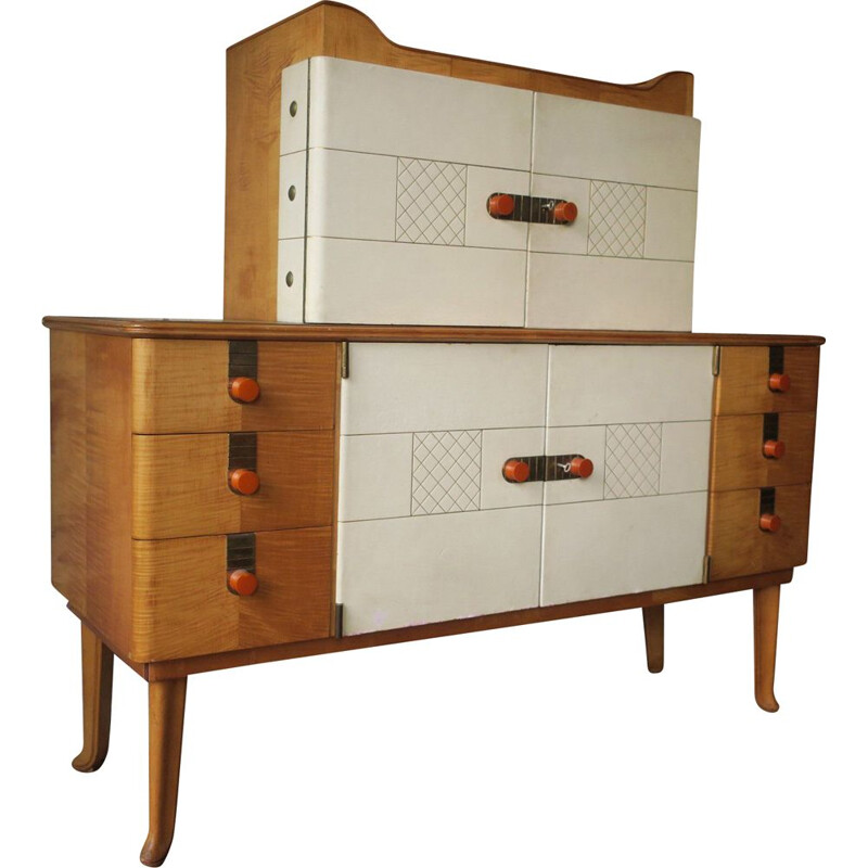 Vintage Maple Leather and Gold Glass Sideboard by Laszlo Hoenig 1940s