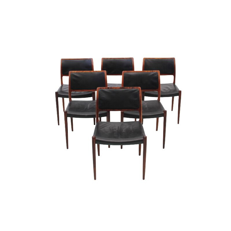 Suite de 6 chaises vintage en cuir et palissandre de Rio modèle N 80 par Niels Moller