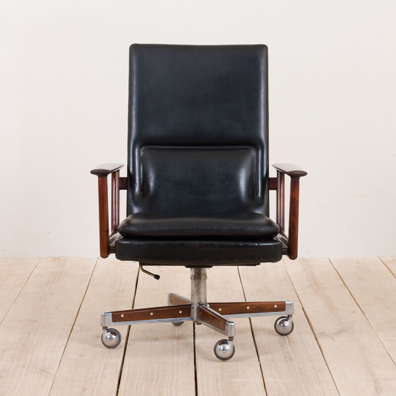 Vintage rosewood black leather executive desk chair by Arne Vodder for Sibast, Denmark 1960s