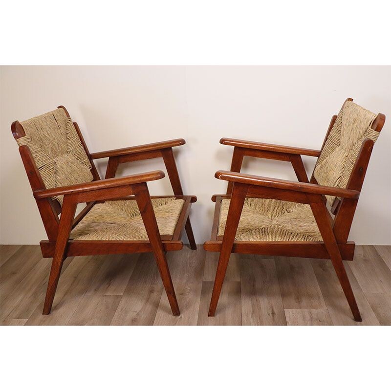 Pair of vintage oak and straw armchairs 1950s
