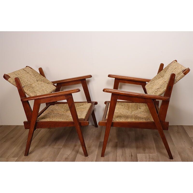 Pair of vintage oak and straw armchairs 1950s
