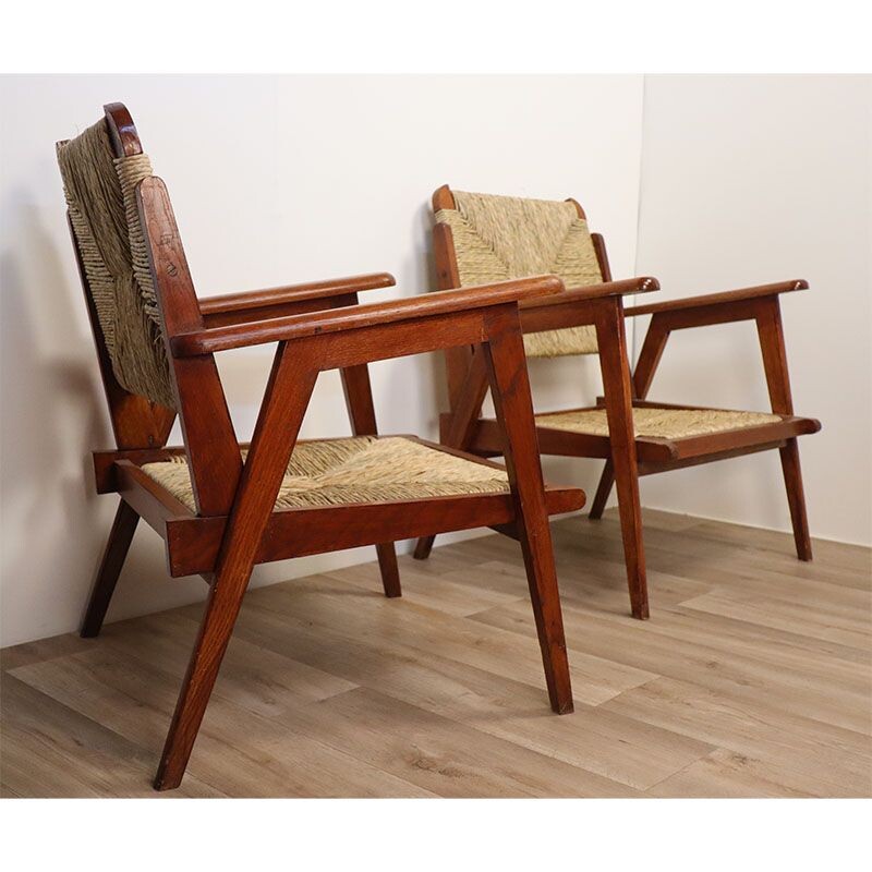 Pair of vintage oak and straw armchairs 1950s