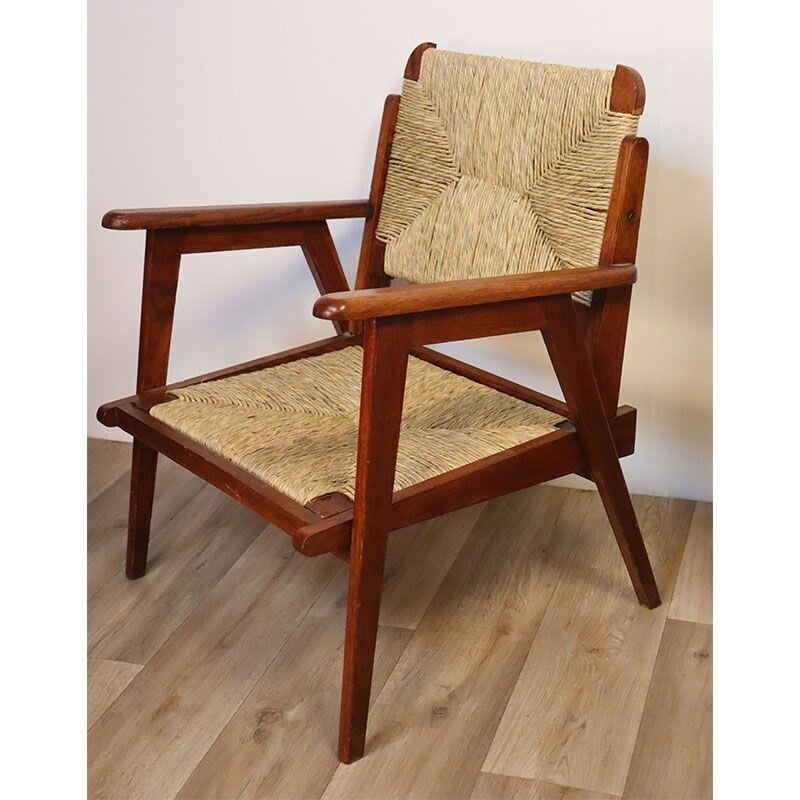 Paire de fauteuils vintage en chêne et paille 1950