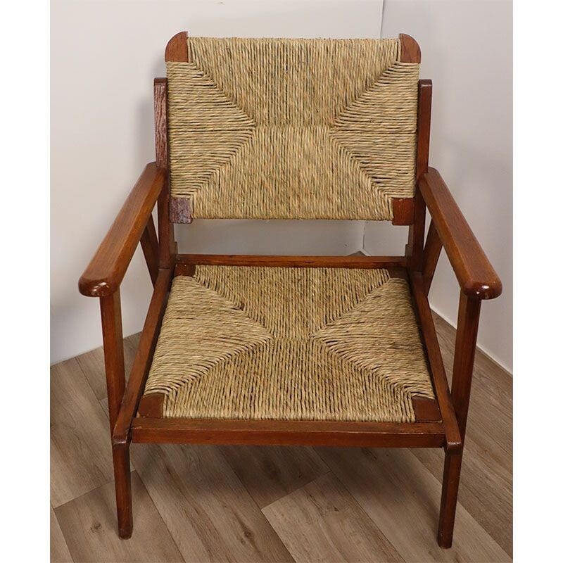 Paire de fauteuils vintage en chêne et paille 1950