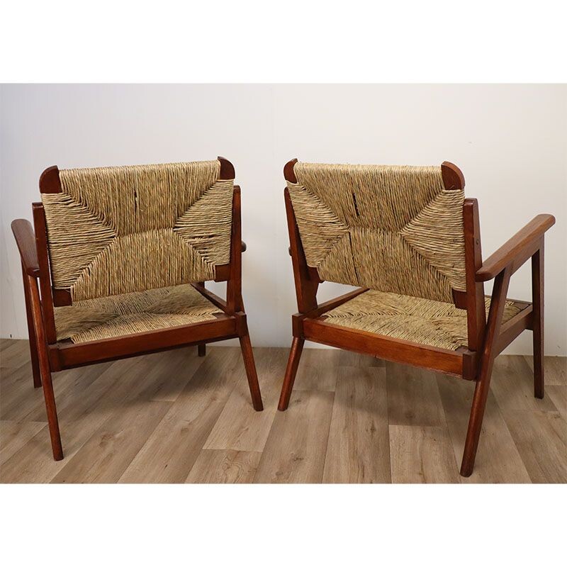 Pair of vintage oak and straw armchairs 1950s