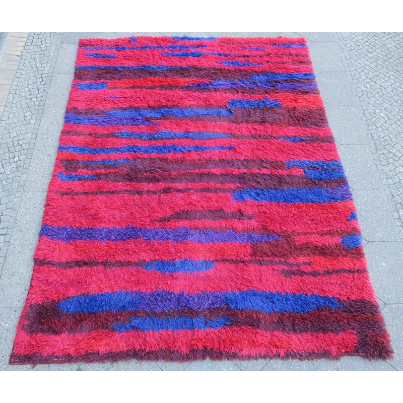 Tapis vintage à poils longs tissé à la main couleurs naturelles par Walter Mack 1960