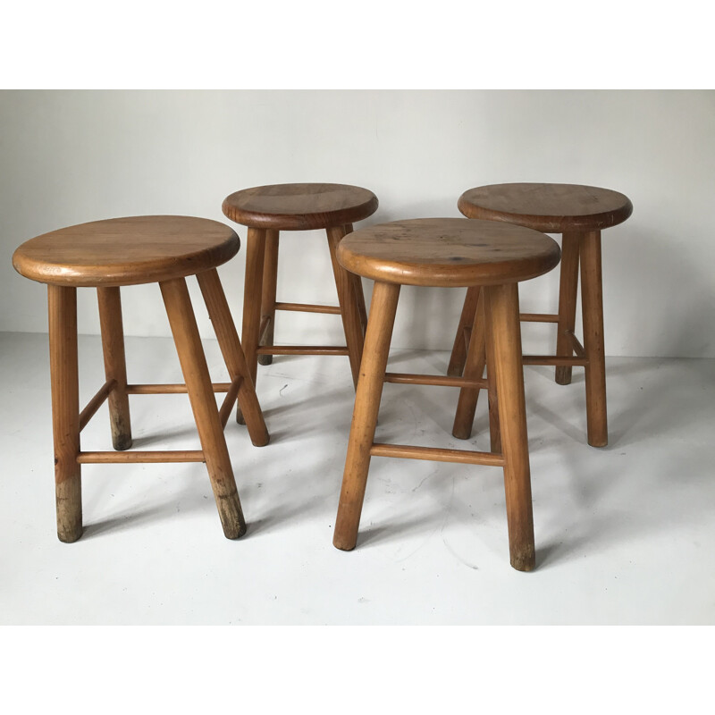 Lot de 4 tabourets vintage en pin 1950