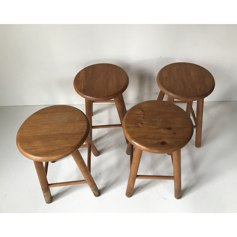 Set of 4 vintage pine stools 1950s