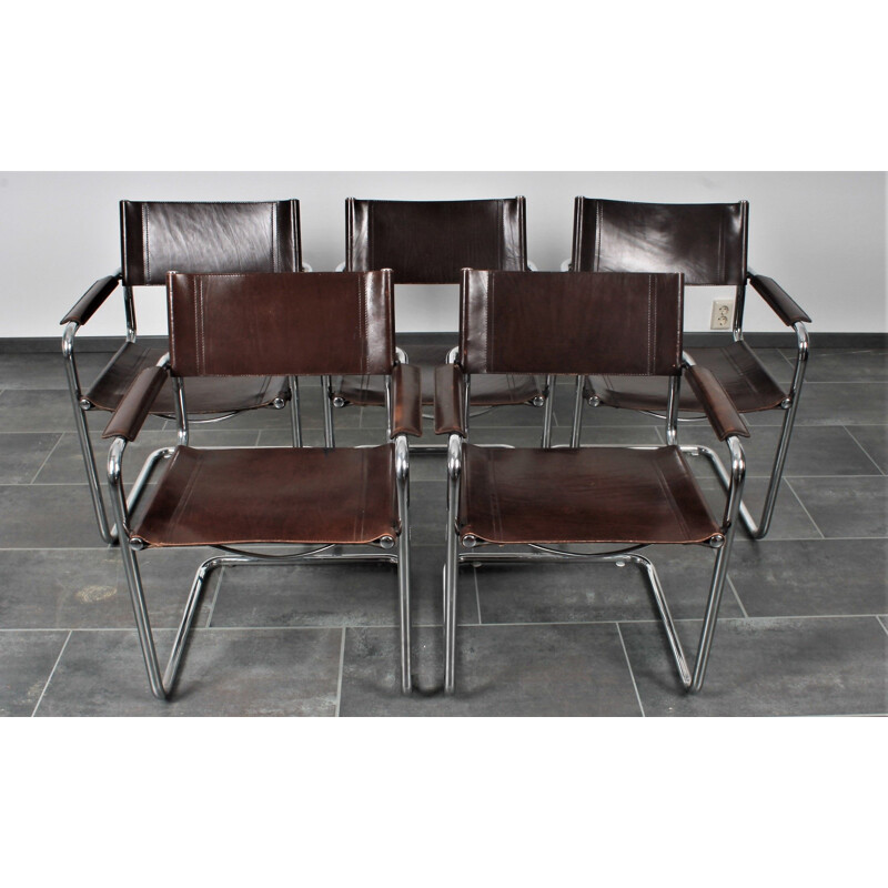 Set Of 5 Brown S34 Cantilever Chairs Saddle Leather By Mart Stam & Marcel Breuer For Matteo Grassi 1980s