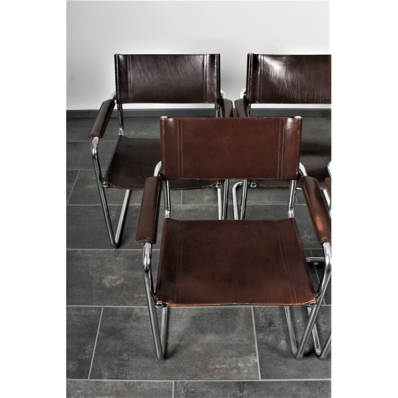 Lot de 5 chaises vintage cantilever S34 marron en cuir de selle par Mart Stam & Marcel Breuer pour Matteo Grassi 1980
