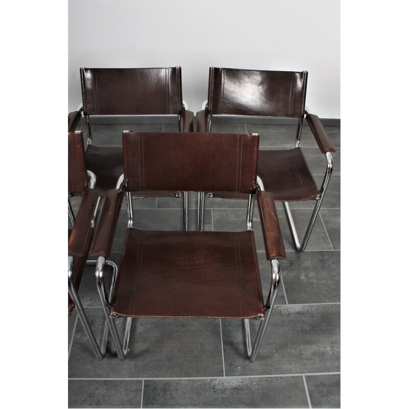 Lot de 5 chaises vintage cantilever S34 marron en cuir de selle par Mart Stam & Marcel Breuer pour Matteo Grassi 1980