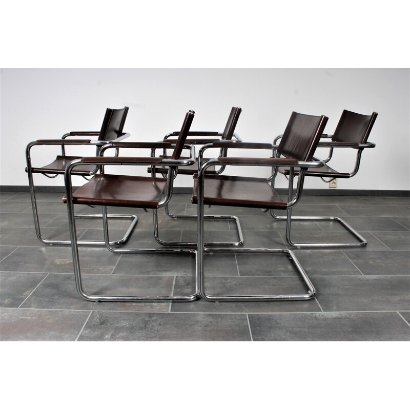 Set Of 5 Brown S34 Cantilever Chairs Saddle Leather By Mart Stam & Marcel Breuer For Matteo Grassi 1980s