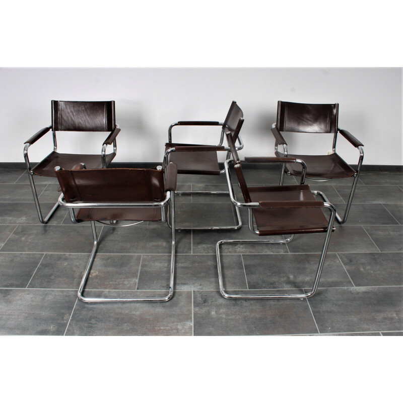 Set Of 5 Brown S34 Cantilever Chairs Saddle Leather By Mart Stam & Marcel Breuer For Matteo Grassi 1980s