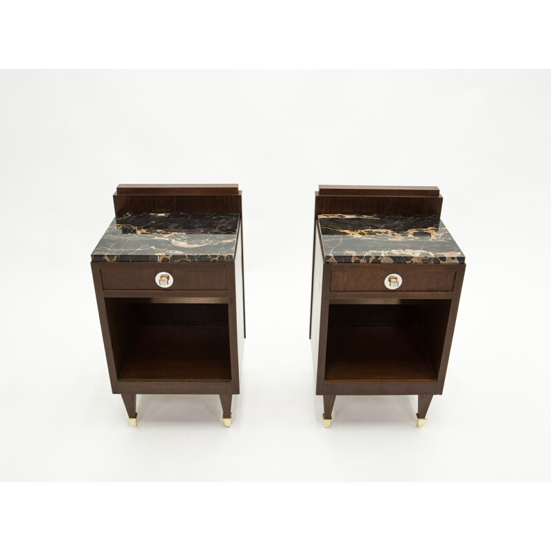 Pair of vintage Art deco bedside tables in rosewood brass marble 1940s