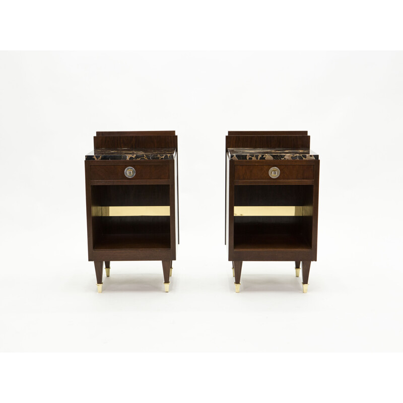 Pair of vintage Art deco bedside tables in rosewood brass marble 1940s