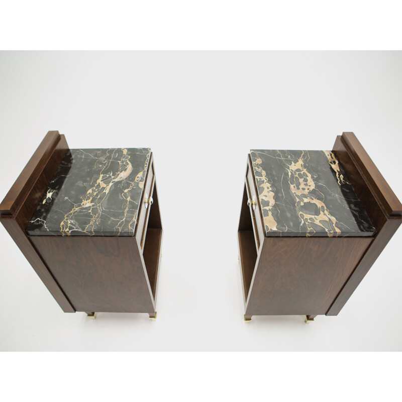 Pair of vintage Art deco bedside tables in rosewood brass marble 1940s
