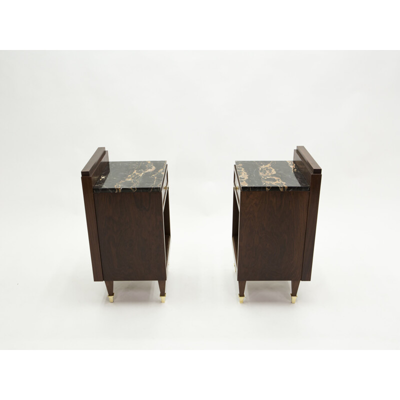 Pair of vintage Art deco bedside tables in rosewood brass marble 1940s