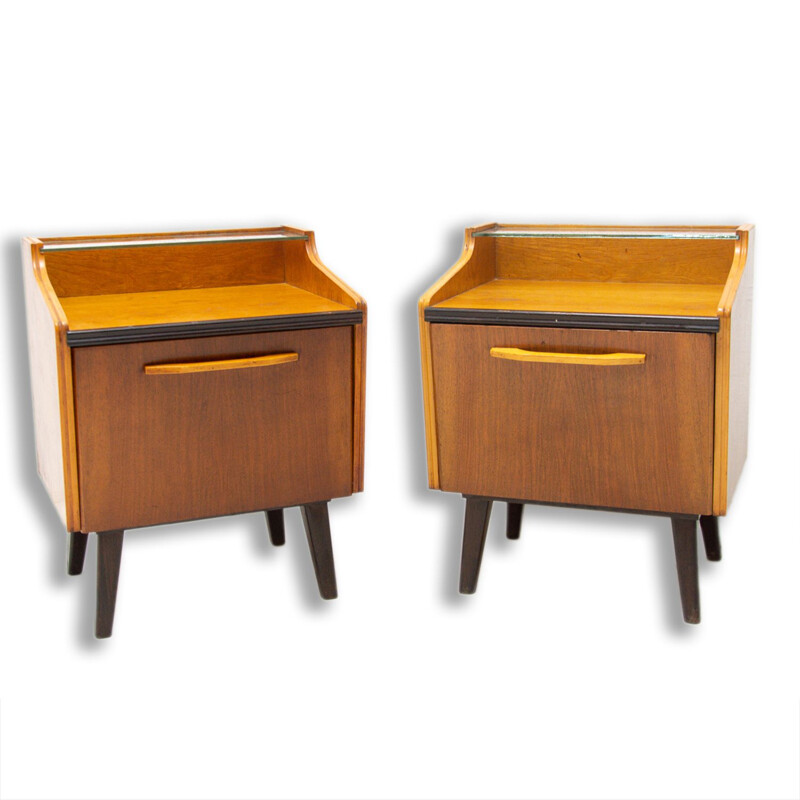 Pair of vintage Walnut and beech modern night stands, Czechoslovakia 1960s