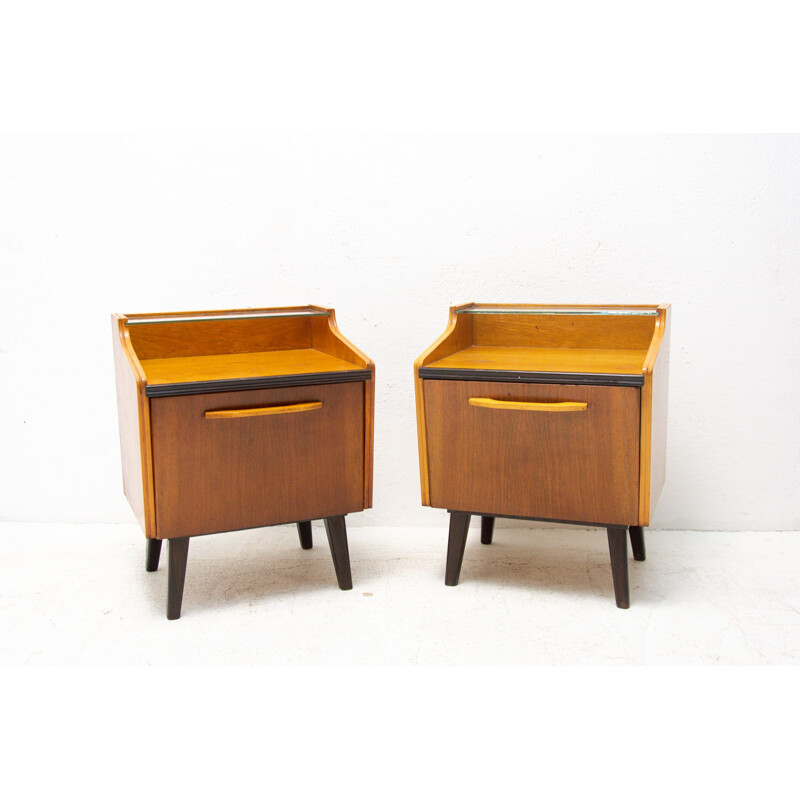 Pair of vintage Walnut and beech modern night stands, Czechoslovakia 1960s