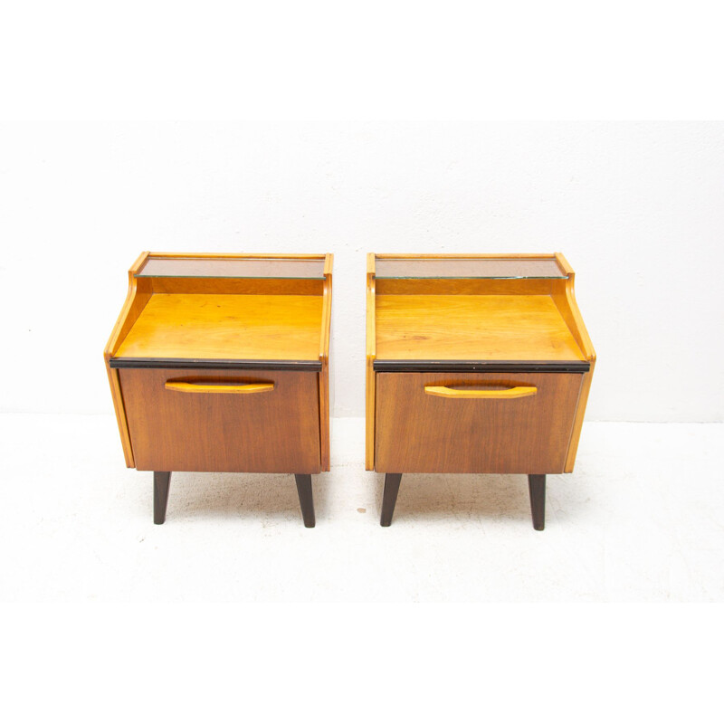 Pair of vintage Walnut and beech modern night stands, Czechoslovakia 1960s