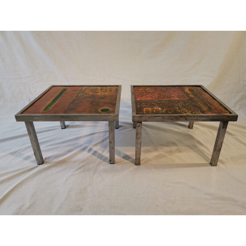 Vintage steel coffee table and pair of sofa ends by Robert and Jean Cloutier, 1950