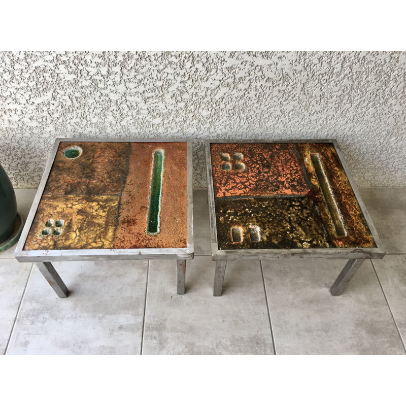 Vintage steel coffee table and pair of sofa ends by Robert and Jean Cloutier, 1950