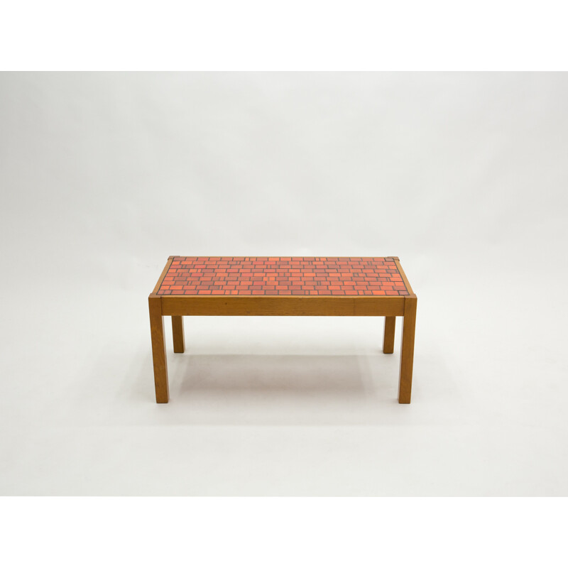 Vintage oak and red ceramic coffee table 1960s