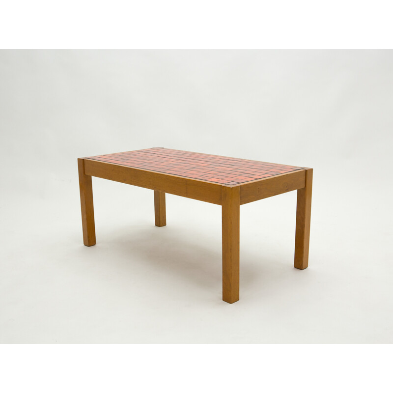 Vintage oak and red ceramic coffee table 1960s