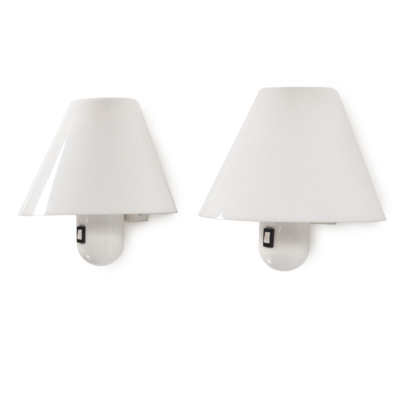 Pair of vintage metal and white plexiglass wall lamps by Harvey Guzzini