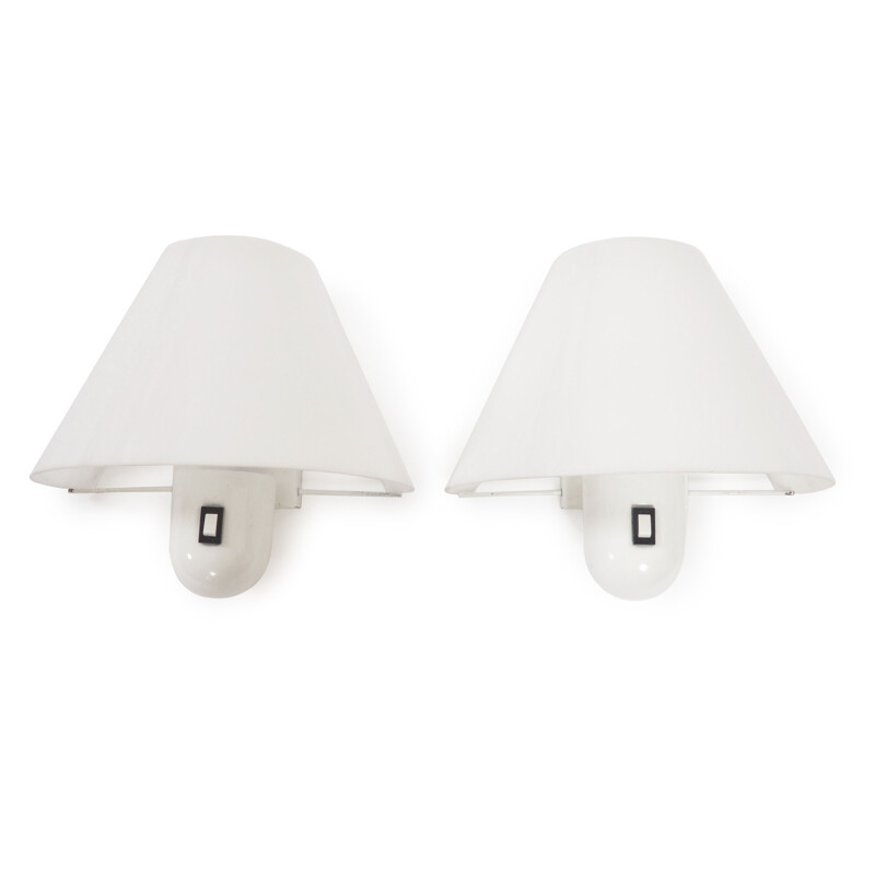 Pair of vintage metal and white plexiglass wall lamps by Harvey Guzzini