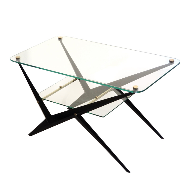 Vintage coffee table in black lacquered metal and brass by Angelo Ostuni, Italy 1950