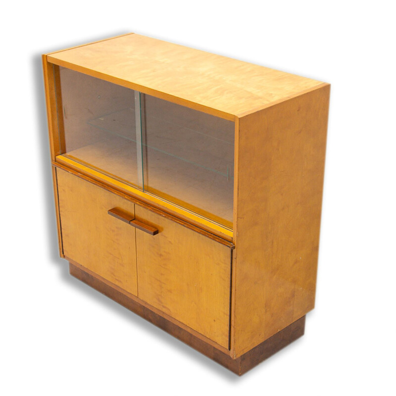 Vintage glass cabinet made of ash, elm, maple, walnut and birch for UP Závody, Czechoslovakia 1960