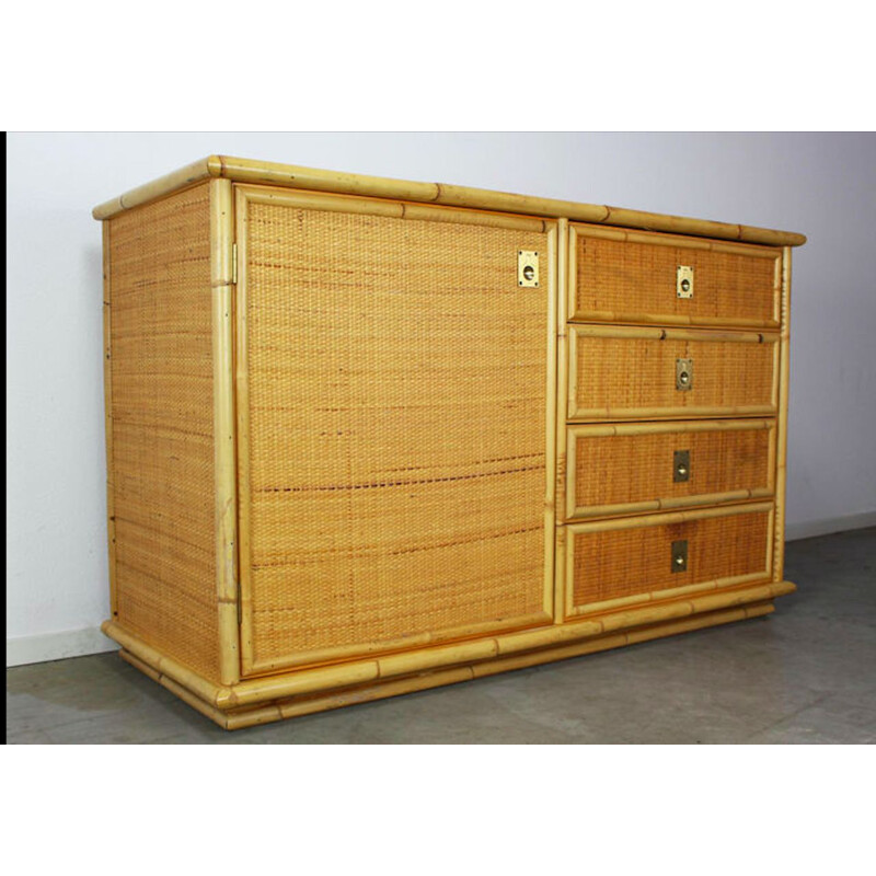Vintage hand-woven rattan and bamboo sideboard by Dal Vera, Italian 1970s