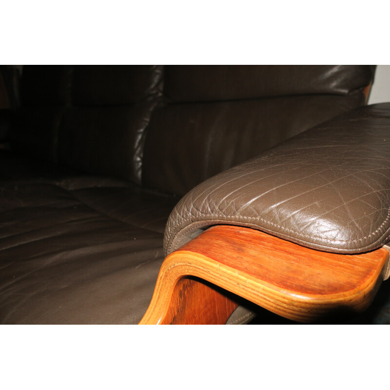 3-seater scandinavian sofa in teak and brown leather - 1960s