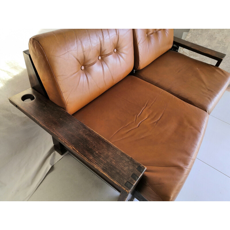 Vintage brutalist sofa in camel leather seats 2