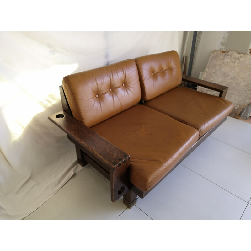 Vintage brutalist sofa in camel leather seats 2