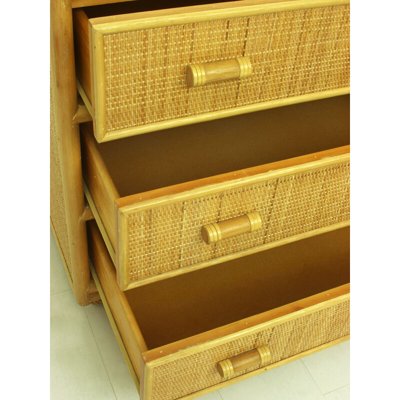 Vintage Rattan & Bamboo Chest Of Drawers, Spanish 1970s