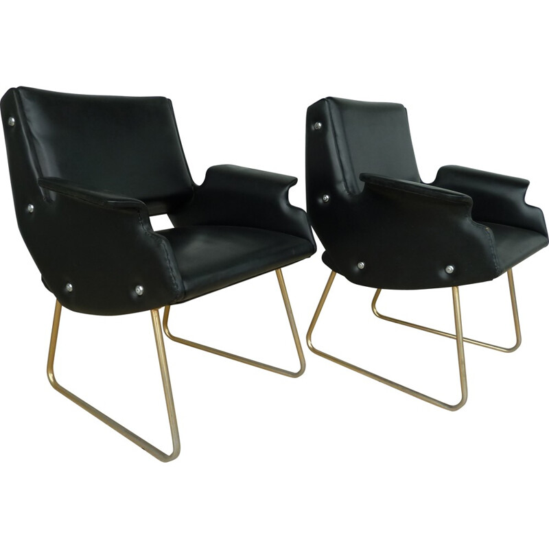 Pair of armchairs in black faux leather - 1950s