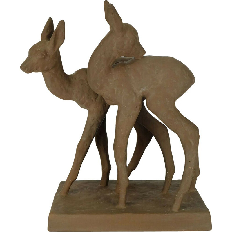 Vintage ceramic sculpture model 4840 2 roe deers by Else Bach for Majolika Karlsruhe 1930s