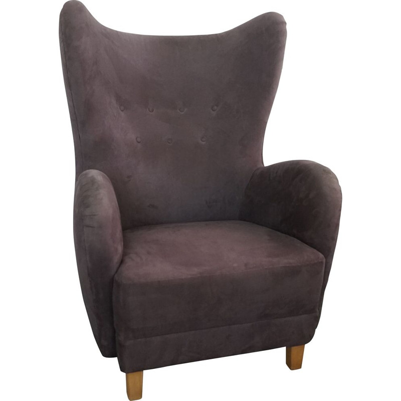 Vintage Wingback Easychair in Grey Fabric Mogens Lassen 1940s