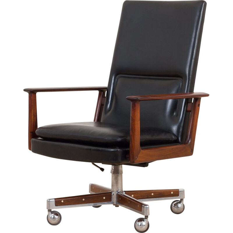 Vintage rosewood black leather executive desk chair by Arne Vodder for Sibast, Denmark 1960s