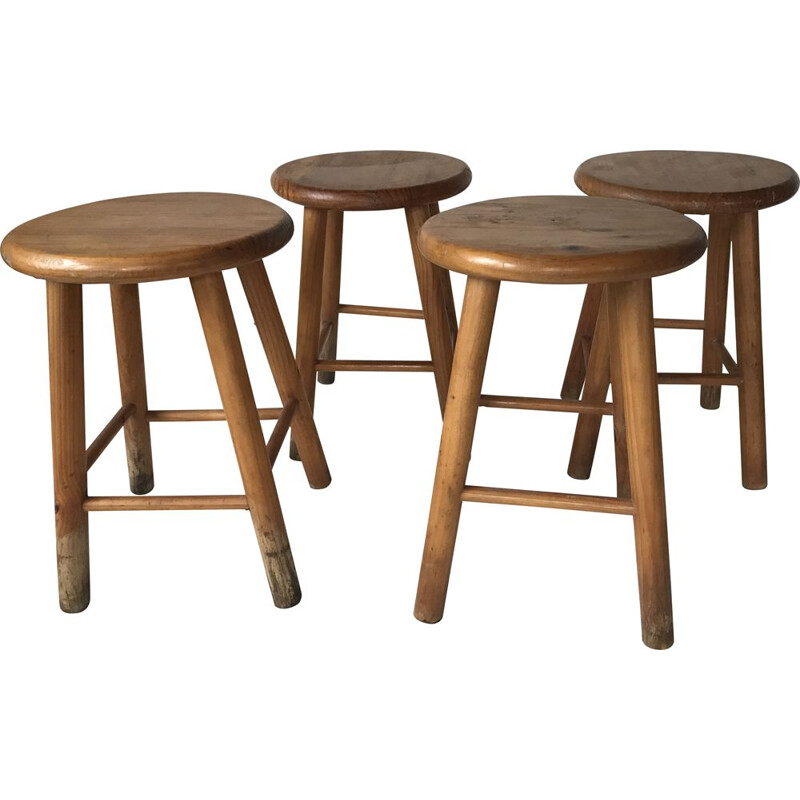 Lot de 4 tabourets vintage en pin 1950