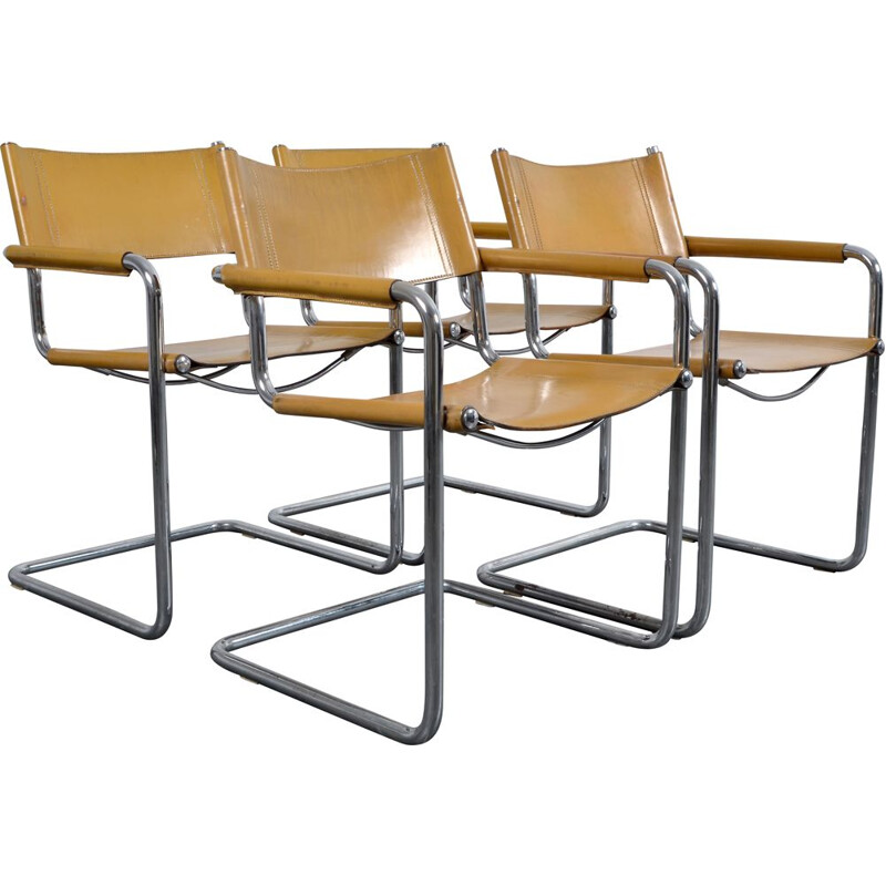 Lot de 4 chaises vintage à structure tubulaire et cuir de selle de Linea Veam 1980
