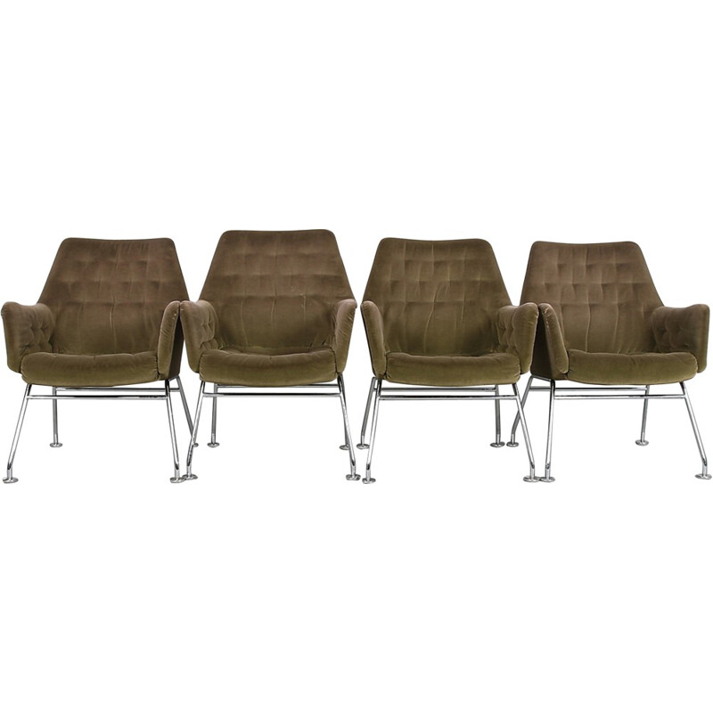 Set of four "Myrja" Scandinavian Dux armchairs in green velvet, Bruno MATHSSON - 1970s