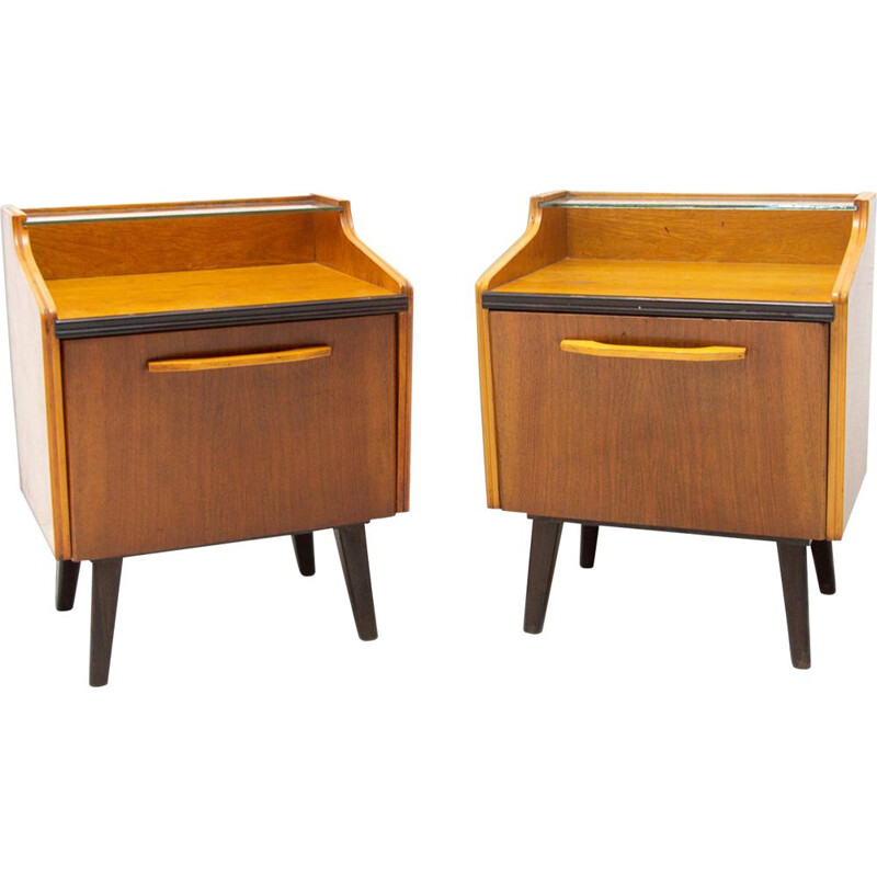 Pair of vintage Walnut and beech modern night stands, Czechoslovakia 1960s