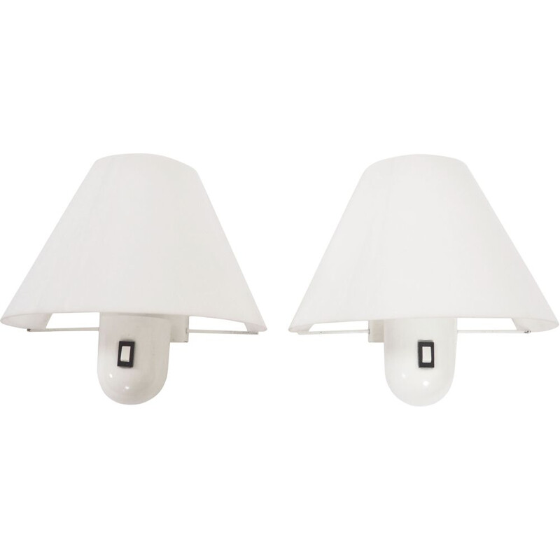 Pair of vintage metal and white plexiglass wall lamps by Harvey Guzzini