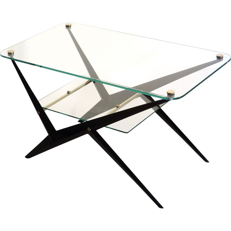 Vintage coffee table in black lacquered metal and brass by Angelo Ostuni, Italy 1950